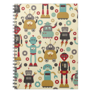 Fun Retro Robots Illustrated Pattern (Cream) Notebook