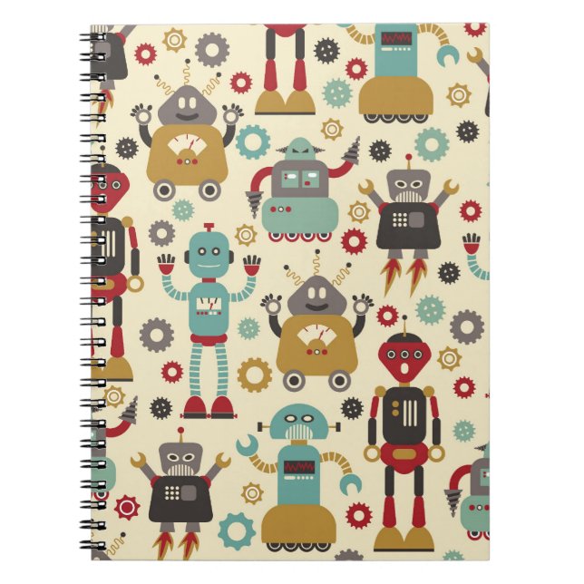 Fun Retro Robots Illustrated Pattern (Cream) Notebook (Front)