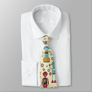 Fun Retro Robots Illustrated Pattern (Cream) Tie
