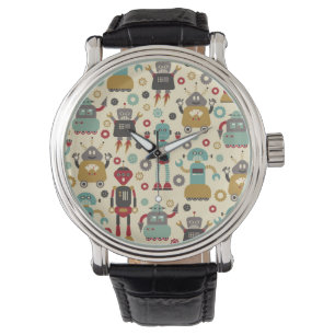 Fun Retro Robots Illustrated Pattern (Cream) Watch