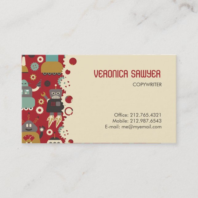 Fun Retro Robots Illustrated Pattern (Red) Business Card (Front)