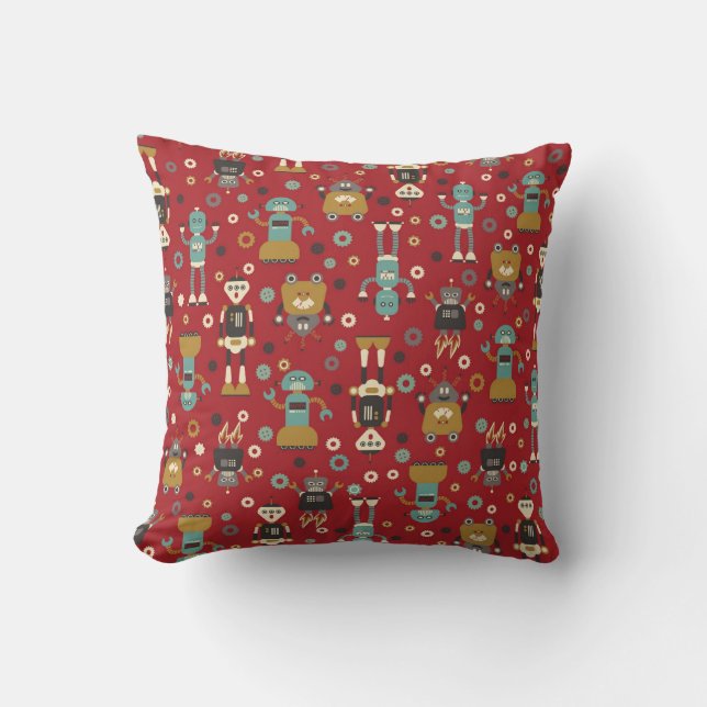 Fun Retro Robots Illustrated Pattern (Red) Cushion (Front)