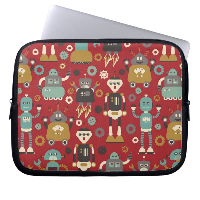 Fun Retro Robots Illustrated Pattern (Red) Laptop Sleeve (Front)