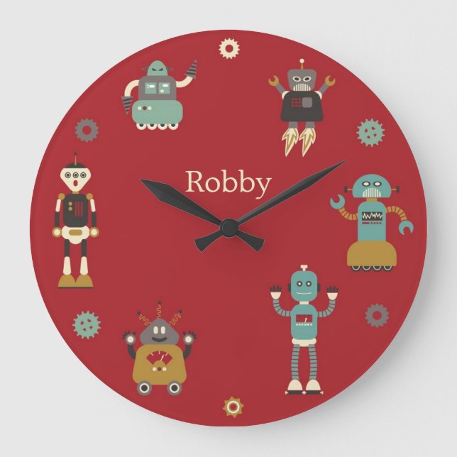 Fun Retro Robots Illustrated Pattern (Red) Large Clock (Front)