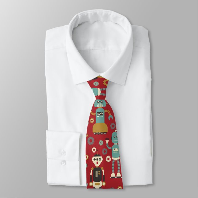 Fun Retro Robots Illustrated Pattern (Red) Tie (Tied)