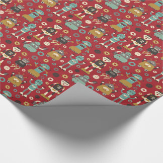 Fun Retro Robots Illustrated Pattern (Red) Wrapping Paper