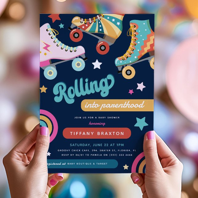 Fun Retro Rolling into Parenthood' Baby Shower  Invitation (Creator Uploaded)