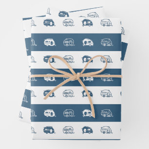 Fun Retro RV Campers in Blue and White Wrapping Paper Sheet