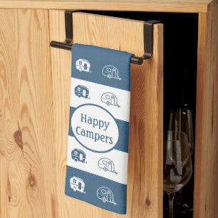 Fun Retro RV Happy Campers in Blue and White Tea Towel