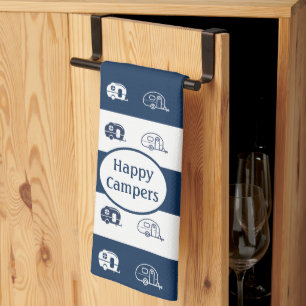 Fun Retro RV Happy Campers in Navy Blue and White Tea Towel