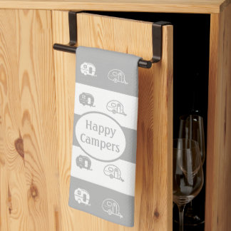 Fun Retro RV Happy Campers, Light Grey and White Tea Towel