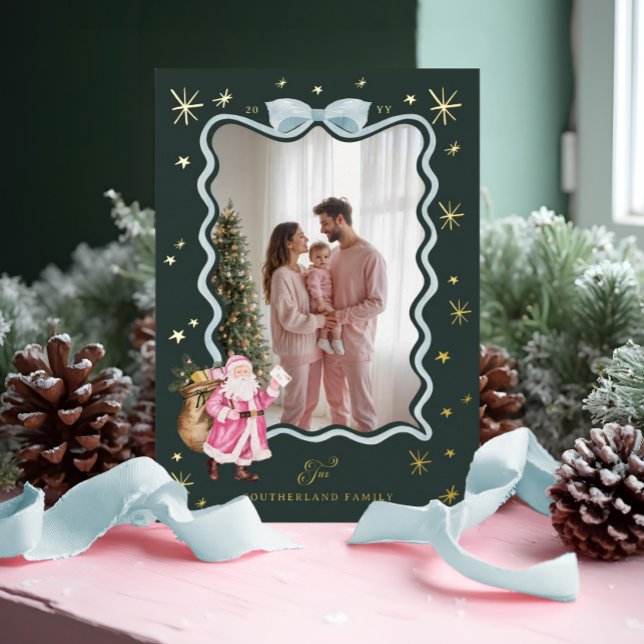 Fun Retro Santa Wavy Blue Ribbon Photo Christmas Foil Holiday Card (Fun Retro Santa Wavy Blue Ribbon Photo Christmas Foil Holiday Card)