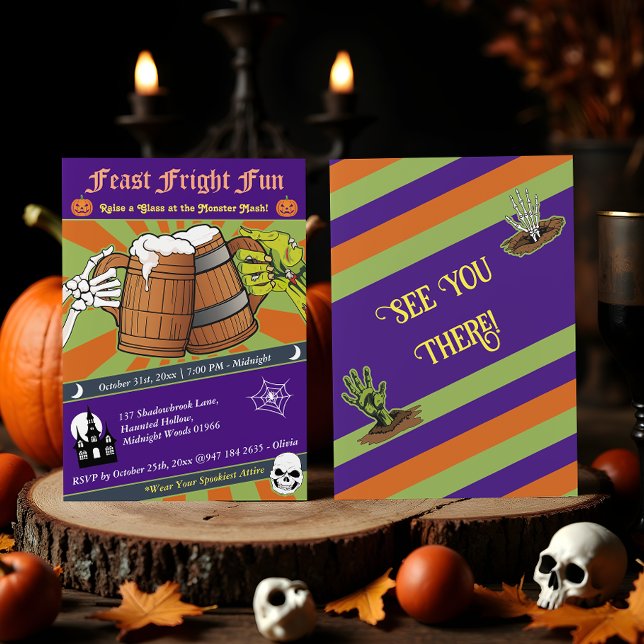 Fun Retro Skeleton & Zombie Cheers Halloween Party Invitation (Creator Uploaded)