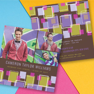 Fun Retro Squares 3 Photo Collage Graduation Party Invitation