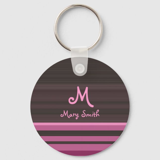 Fun retro stripes with custom name pink key ring (Front)