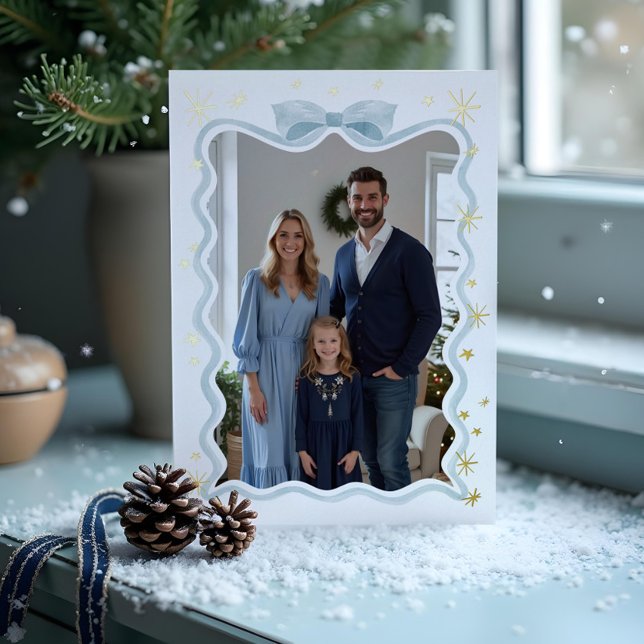 Fun Retro Wavy Blue Ribbon & Stars Photo Christmas Foil Holiday Card (Fun Retro Wavy Blue Ribbon & Stars Photo Christmas Foil Holiday Card)