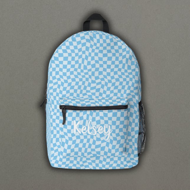 Fun Retro Wavy Check Blue Monogram Name Printed Backpack (Creator Uploaded)