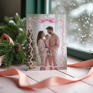 Fun Retro Wavy Pink Ribbon & Stars Photo Christmas Foil Holiday Card