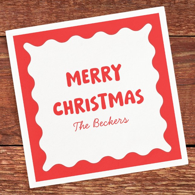 Fun Retro Wavy Red and White Custom Chic Christmas Napkin (Creator Uploaded)