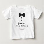 Fun Ring Bearer Black Tie Wedding Toddler T-shirt<br><div class="desc">These fun t-shirts are designed as favours or gifts for wedding ring bearers. The t-shirt is white and features an image of a black bow tie and three buttons. The text reads Ring Bearer, and has a place to enter his name as well as the wedding couple's name and wedding...</div>
