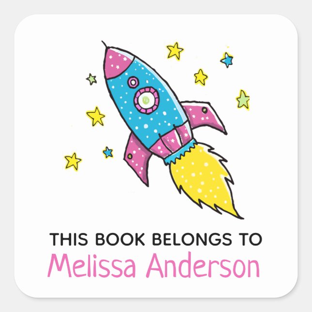 Fun Rocketship Girl 'This Book Belongs' and Name Square Sticker (Front)
