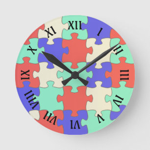 Fun Roman Numerals, Colourful Jigsaw Puzzle Pieces Round Clock