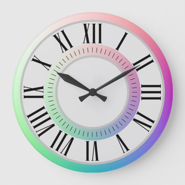 Fun Roman Numerals, Minutes Markers, Rainbow Discs Large Clock (Front)