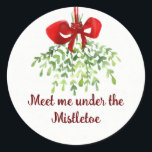 Fun Romantic Meet Under Mistletoe Quote Christmas Classic Round Sticker<br><div class="desc">Fun Romantic Meet Under Mistletoe Quote Christmas Watercolor Art</div>