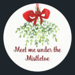 Fun Romantic Meet Under Mistletoe Quote Christmas Classic Round Sticker<br><div class="desc">Fun Romantic Meet Under Mistletoe Quote Christmas Watercolor Art</div>
