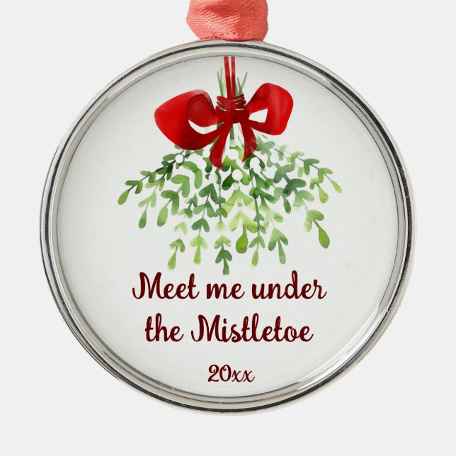 Fun Romantic Meet Under Mistletoe Quote Christmas  Metal Ornament (Front)