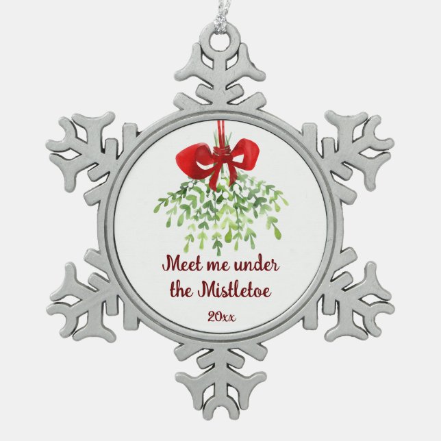 Fun Romantic Meet Under Mistletoe Quote Christmas  Snowflake Pewter Christmas Ornament (Front)
