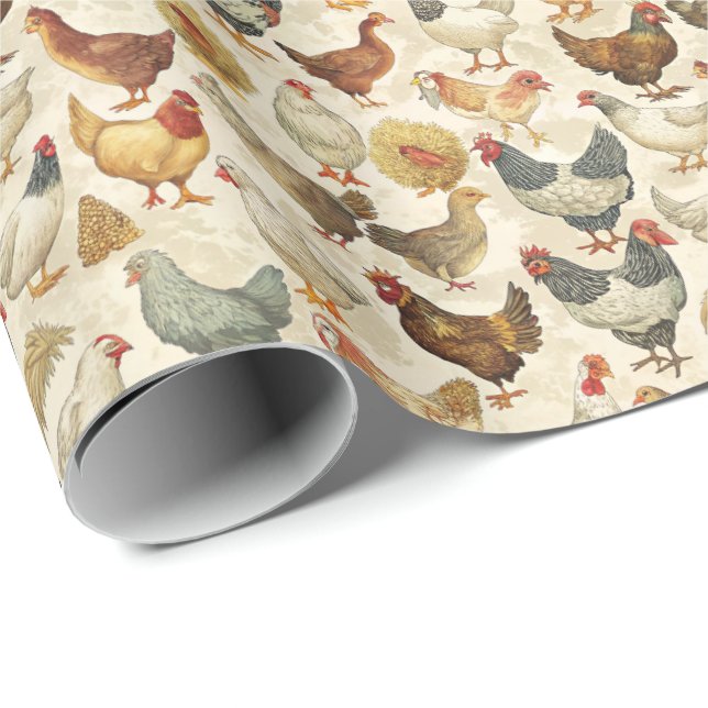 Fun roosters chickens tiled pattern  wrapping paper (Roll Corner)
