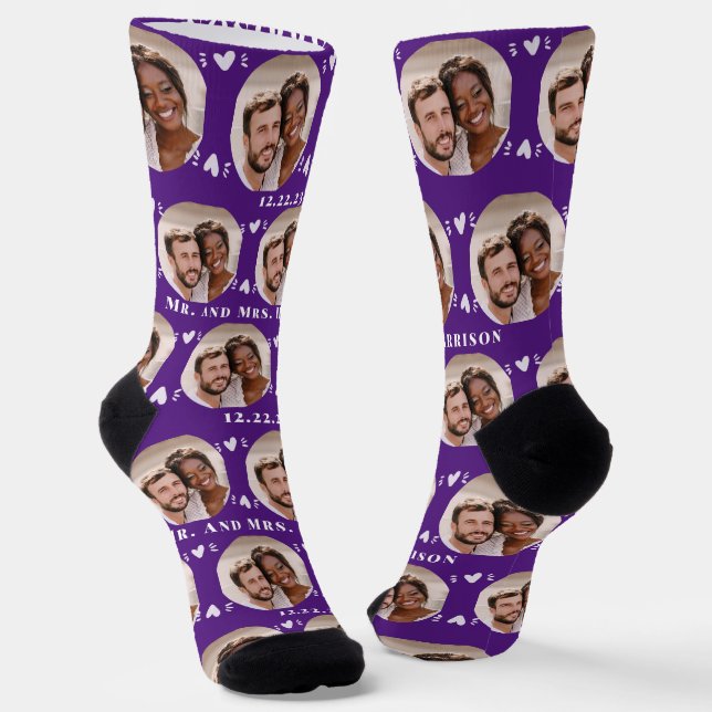 Fun Royal Purple Newlyweds Photo Pattern Socks (Angled)