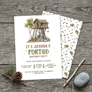 Fun Rustic Fort Treehouse Boy's 4th Birthday Invitation