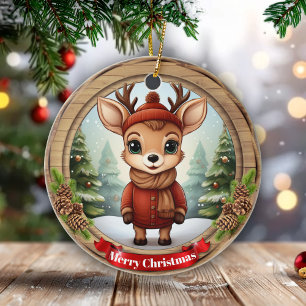 Fun Rustic Pine Wood Fawn Gift Tag Unique Doe 🦌🎄 Ceramic Ornament