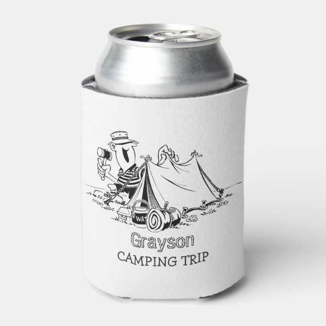 Fun Rustic Tent Camper Camping Trip Personalised Can Cooler (Can Front)