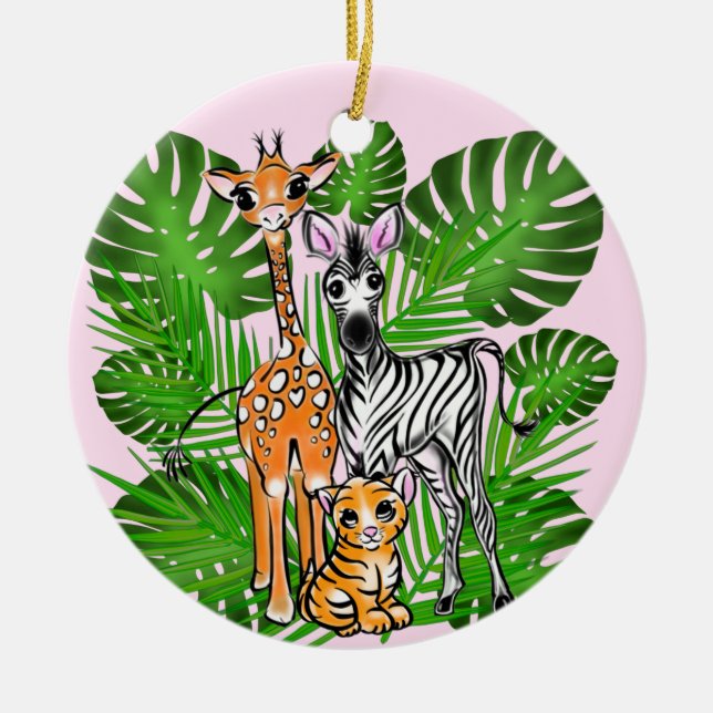 Fun Safari friends giraffe zebra tiger palm leaves Ceramic Ornament (Front)