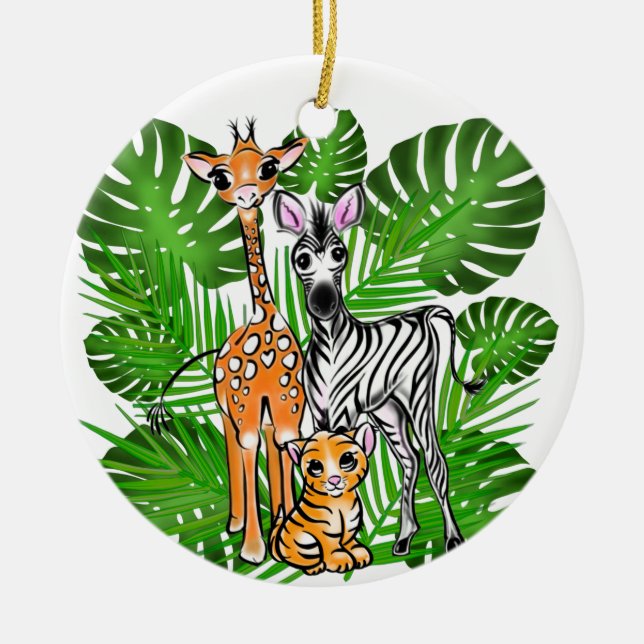 Fun Safari friends giraffe zebra tiger palm leaves Ceramic Ornament (Front)