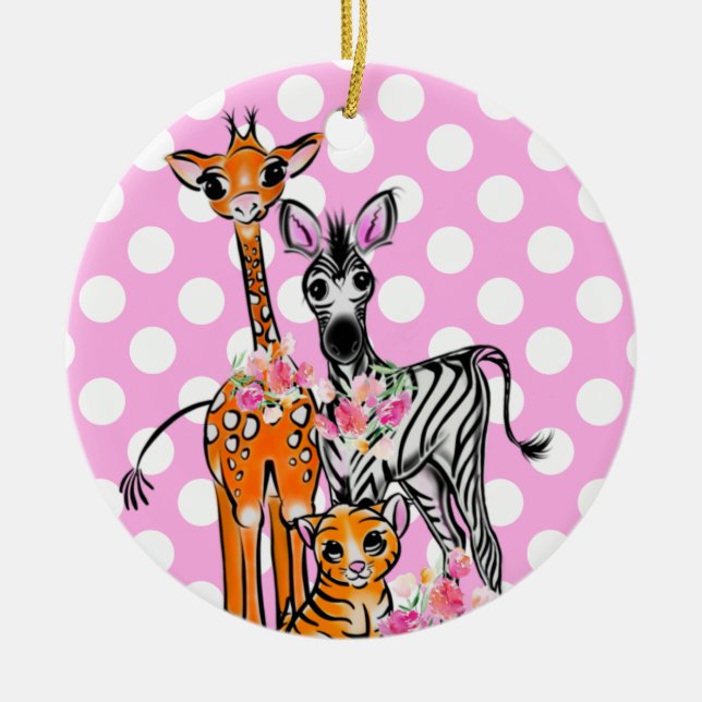 Fun Safari friends giraffe zebra tiger pink polka Ceramic Ornament (Front)