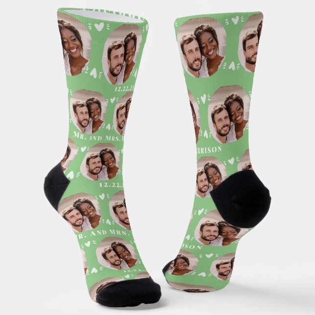 Fun Sage Newlyweds Photo Pattern Socks (Angled)