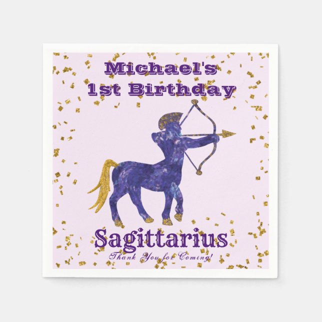 Fun Sagittarius First Birthday & Gold Confetti  Napkin (Front)