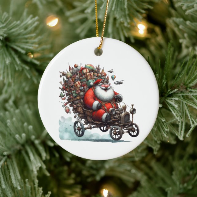 Fun Santa Claus in an Old Go Kart Customised Ceramic Ornament (Tree)