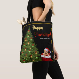 Fun Santa Puppy Christmas Tree Red Poinsettias Tote Bag