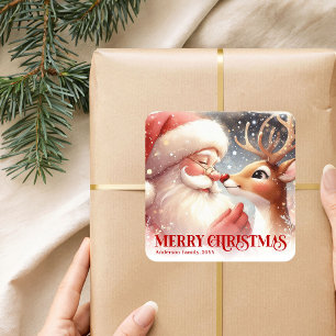 Fun Santa Rudolph Personalized Christmas Kids Square Sticker