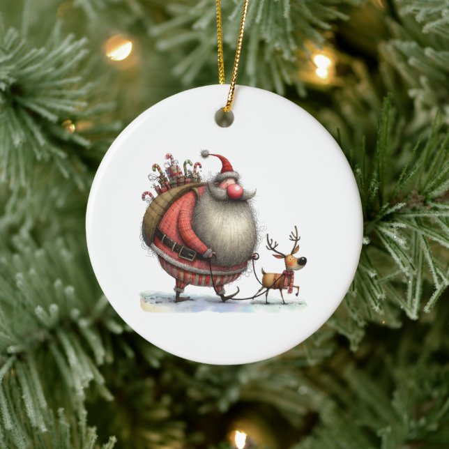 Fun Santa with a Reindeer and Gifts Customised Ceramic Ornament (Tree)
