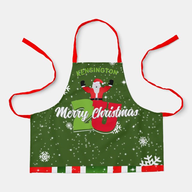 Fun Santa with Snowflakes on GREEN Merry Christmas Apron (Front)
