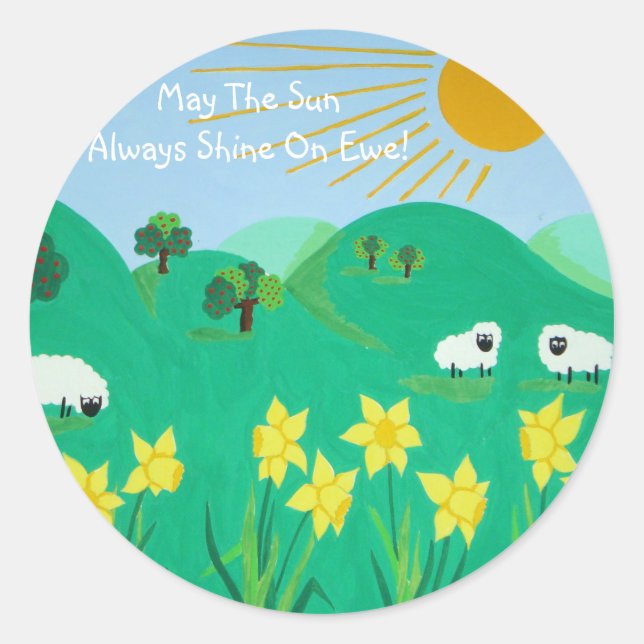fun scenic illustration of cute sheep classic round sticker (Front)