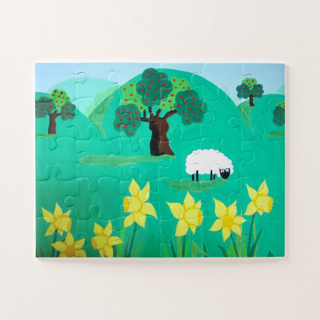 fun scenic illustration of cute sheep jigsaw puzzle (Horizontal)