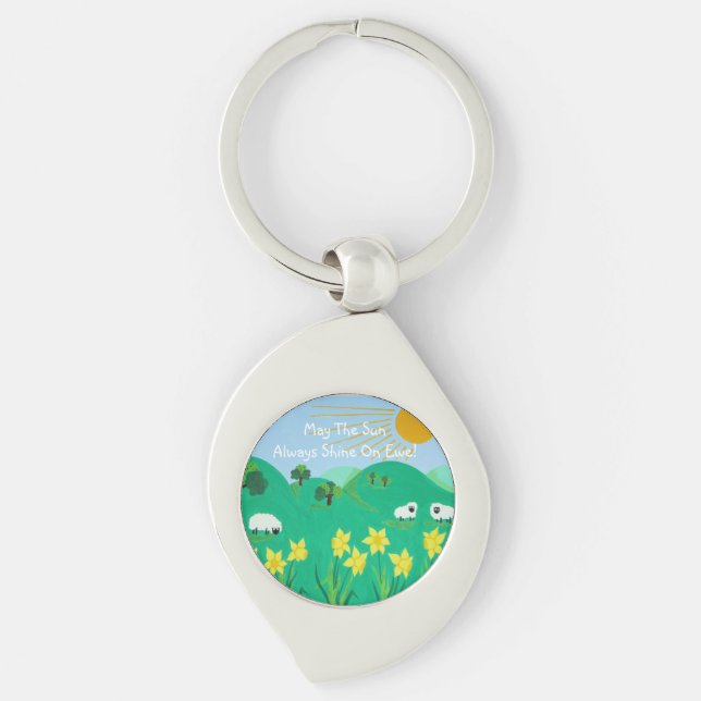 fun scenic illustration of cute sheep key ring (Front)