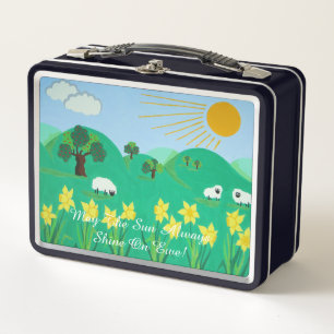 fun scenic illustration of cute sheep metal lunch box